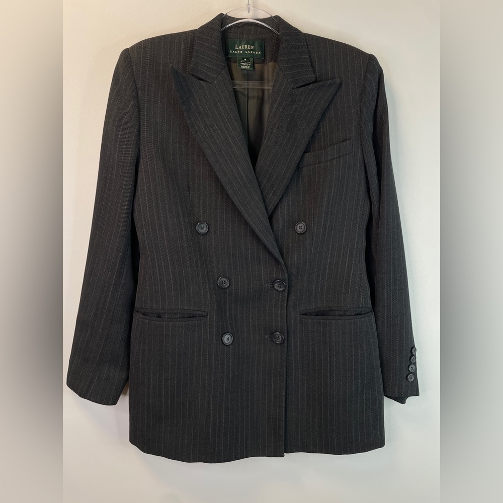 Vtg Lauren Ralph Lauren Double Breasted Gray Pinstripe Blazer Made in USA
